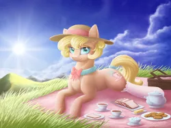 Size: 1024x768 | Tagged: safe, artist:novaintellus, derpibooru import, oc, oc:tea flower, unofficial characters only, earth pony, pony, clothes, cookie, cup, female, food, grass, hat, looking at you, mare, picnic, prone, scenery, smiling, solo, stockings, sun, teacup, thigh highs