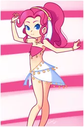 Size: 1080x1620 | Tagged: safe, artist:drantyno, banned from derpibooru, derpibooru import, pinkie pie, human, belly button, belly dancer, breasts, colored pupils, delicious flat chest, female, harem outfit, humanized, image, jpeg, lolicon, midriff, solo, underage