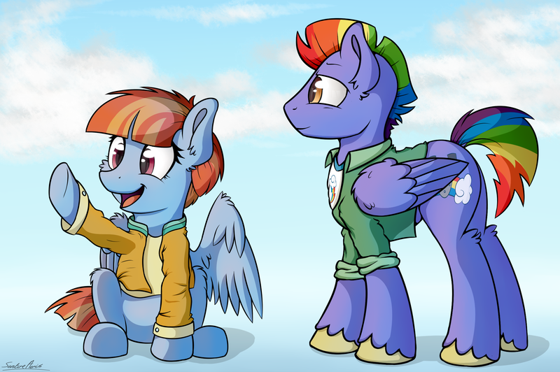 Size: 1888x1256 | Tagged: safe, artist:sentireaeris, derpibooru import, bow hothoof, windy whistles, pony, backwards cutie mark, clothes, cute, female, husband and wife, long sleeves, looking at something, male, open mouth, rainbow dash's parents, raised hoof, sitting