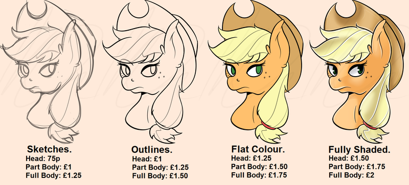 Size: 3116x1409 | Tagged: safe, artist:wulfanite, derpibooru import, applejack, pony, bust, commission, commission info, flat color, flat colors, great britain, hat, head, multiple heads, price list, prices, shading, simple background, sketch, solo