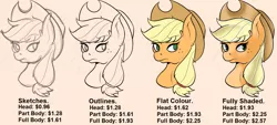 Size: 3116x1409 | Tagged: safe, artist:wulfanite, derpibooru import, applejack, pony, $, bust, commission, commission info, flat colors, hat, head, multiple heads, not a duplicate, price list, prices, shading, simple background, sketch, solo