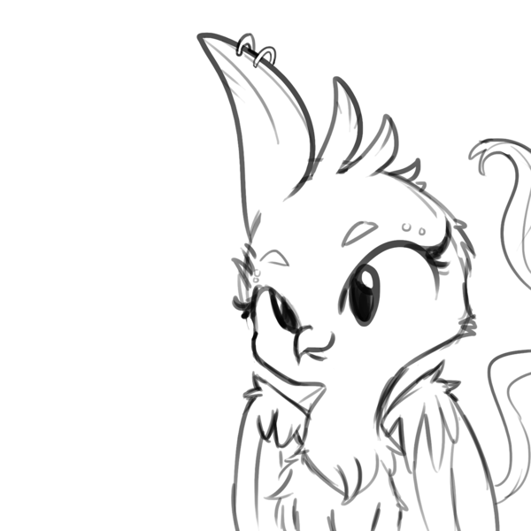 Size: 1280x1280 | Tagged: safe, artist:tjpones, derpibooru import, gryphon, chest fluff, feather piercing, fluffy, grayscale, monochrome, piercing, simple background, smiling, solo, wat, white background