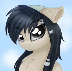 Size: 1997x1970 | Tagged: safe, artist:little-sketches, derpibooru import, oc, oc:lunette, unofficial characters only, earth pony, pony, art trade, bust, chest fluff, ear piercing, earring, female, floppy ears, jewelry, looking at you, mare, piercing, portrait, solo