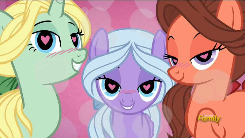 Size: 800x450 | Tagged: safe, derpibooru import, edit, edited screencap, screencap, dear darling, fond feather, swoon song, pony, hard to say anything, bedroom eyes, bimbettes, blushing, female, heart eyes, mare, wingding eyes