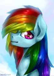 Size: 2480x3507 | Tagged: safe, artist:monochromacat, derpibooru import, rainbow dash, pegasus, pony, bust, colored pupils, cute, dashabetes, female, high res, looking at you, mare, multicolored hair, portrait, profile, smiling, solo