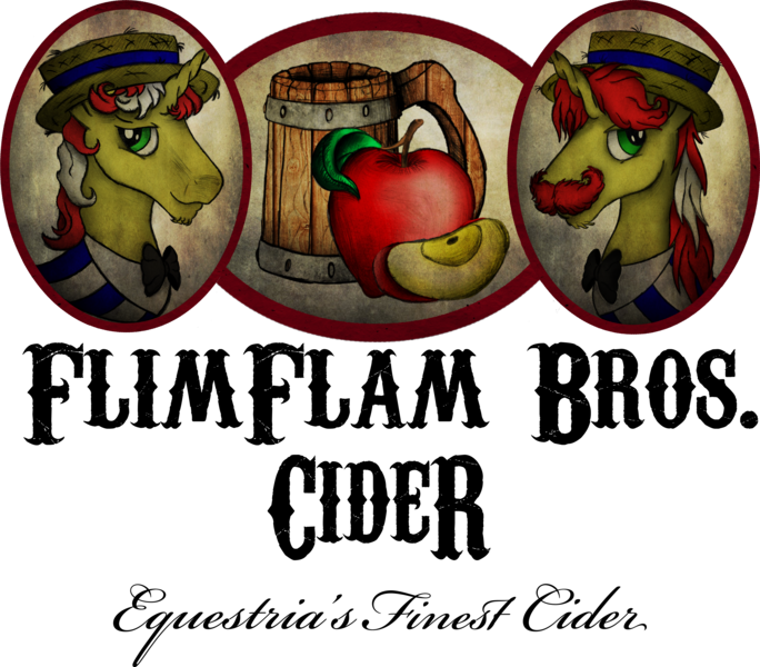 Size: 5584x4899 | Tagged: safe, artist:ancientowl, derpibooru import, flam, flim, pony, unicorn, absurd resolution, apple, bowtie, brothers, bust, cider, clothes, duo, facial hair, food, hat, horn, logo, male, moustache, mug, portrait, simple background, stallion, tankard, transparent background