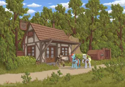 Size: 3000x2100 | Tagged: safe, artist:eriada, derpibooru import, derpy hooves, rainbow dash, oc, pony, cloud, female, grass, male, mare, mechanic, saddle bag, sky, smiling, stallion, tools, tree, trio, utility belt, workshop