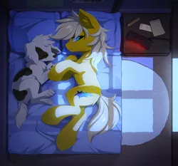 Size: 1280x1195 | Tagged: safe, artist:hioshiru, derpibooru import, oc, oc:lightning star, unofficial characters only, dog, earth pony, pony, alarm clock, bed, bedroom, blanket, clock, duo, eyes closed, female, insomnia, mare, paper, pencil, pet, pillow, poster, sleeping, window