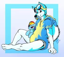 Size: 3000x2683 | Tagged: questionable, artist:paddercat, derpibooru import, rainbow dash, oc, unofficial characters only, anthro, plantigrade anthro, pony, anthro oc, barely pony related, clothes, commission, diaper, diaper fetish, fetish, furry, goggles, hoodie, looking at you, male, non-mlp oc, onesie, pacifier, plushie, sitting, smiling, solo, solo male, uniform, wonderbolt trainee uniform, wonderbolts uniform