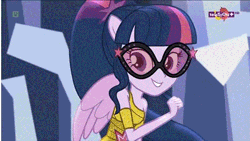 Size: 476x268 | Tagged: safe, derpibooru import, screencap, sci-twi, twilight sparkle, dance magic, equestria girls, spoiler:eqg specials, adorkable, animated, armpits, clothes, cute, dance magic (song), dancing, dork, dress, gif, looking at you, off shoulder, ponied up, scitwilicorn, solo, spread wings, teletoon, twiabetes, wings