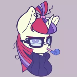 Size: 500x500 | Tagged: safe, artist:kaikoinu, derpibooru import, moondancer, pony, unicorn, bust, clothes, cute, dancerbetes, female, frown, glare, glasses, gray background, grumpy, looking at you, mare, messy mane, mouth hold, party horn, simple background, solo, sweater