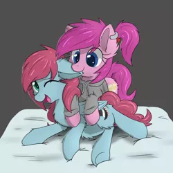 Size: 1800x1800 | Tagged: safe, artist:yoshimaru, derpibooru import, oc, oc:candy dandy, oc:schweet schnapps, unofficial characters only, pony, biting, clothes, cute, duo, ear bite, female, gray background, hoodie, mare, simple background