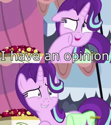 Size: 1256x1406 | Tagged: safe, derpibooru import, edit, edited screencap, screencap, starlight glimmer, pony, unicorn, rock solid friendship, discovery family logo, exploitable meme, image macro, meme, shrunken pupils, solo, starlight's confessions, sweat