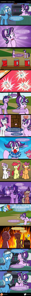 Size: 600x5754 | Tagged: safe, artist:ladyanidraws, derpibooru import, angel bunny, apple bloom, applejack, fluttershy, pinkie pie, rainbow dash, rarity, scootaloo, starlight glimmer, sweetie belle, trixie, twilight sparkle, twilight sparkle (alicorn), alicorn, pony, absurd resolution, abuse, angel is a bunny bastard, clown, clown nose, comic, cutie mark crusaders, hazing, implied spike, joke, mane six, pun, starlight gets what's coming to her, starlight's room, sweetie belle is not amused, unamused