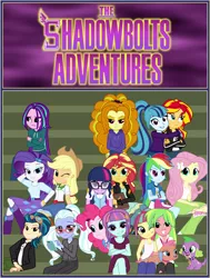 Size: 3100x4100 | Tagged: safe, artist:bootsyslickmane, derpibooru import, adagio dazzle, applejack, aria blaze, fluttershy, indigo zap, lemon zest, mina, pinkie pie, rainbow dash, rarity, sci-twi, sonata dusk, sour sweet, spike, spike the regular dog, sugarcoat, sunny flare, sunset shimmer, twilight sparkle, dog, fanfic, fanfic:the shadowbolts adventures, equestria girls, friendship games, :3, absurd resolution, alternate costumes, alternate hairstyle, bleachers, book, boots, cardigan, cargo pants, clothes, collar, crossed arms, crossed legs, crystal prep shadowbolts, cute, dress, equestria girls-ified, fanfic art, fanfic cover, freckles, frown, glasses, goggles, hat, hoodie, hug, human sunset, jacket, jeans, leather jacket, looking at each other, looking at something, looking at you, messy hair, missing accessory, necktie, one eye closed, pants, phone, pigtails, ponytail, raised eyebrow, scrunchy face, self paradox, shadow five, skirt, skirt lift, skull, smiling, socks, tongue out, twintails, unamused, wall of tags, wink