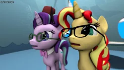 Size: 3840x2160 | Tagged: safe, artist:goatcanon, derpibooru import, starlight glimmer, sunset shimmer, pony, equestria girls, mirror magic, spoiler:eqg specials, 3d, bowtie, crossover, cute, day of the doctor, doctor who, fez, glasses, hat, open mouth, source filmmaker, twilight's castle