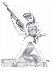 Size: 1100x1475 | Tagged: suggestive, artist:baron engel, derpibooru import, octavia melody, anthro, unguligrade anthro, bar m1918, breasts, browning automatic rifle, busty octavia, cello case, clothes, colt monitor, female, gangster, grayscale, gun, hat, image, jpeg, looking at you, mafia, mafia octavia, monochrome, pants, pencil drawing, simple background, solo, solo female, suit, traditional art, weapon, white background