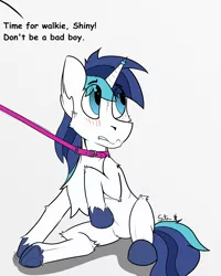 Size: 3359x4189 | Tagged: safe, artist:starrypallet, derpibooru import, shining armor, pony, unicorn, absurd resolution, chest fluff, collar, flat colors, horn ring, leash, male, offscreen character, pet play, shiningabuse, simple background, solo, stallion, text, white background