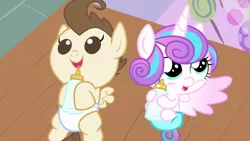 Size: 1920x1080 | Tagged: safe, derpibooru import, pound cake, princess flurry heart, pony, baby, baby bottle, baby pony, cute, diaper, female, foal, male