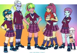 Size: 1300x907 | Tagged: safe, artist:kaemantis, deleted from derpibooru, derpibooru import, indigo zap, lemon zest, sour sweet, sugarcoat, sunny flare, twist, oc, oc:snowshine, equestria girls, friendship games, clothes, crossed arms, crystal prep academy uniform, female, glasses, goggles, group, headphones, high heels, leggings, legs, looking at you, pigtails, pleated skirt, ponytail, school uniform, shoes, skirt, smiling, sneakers, socks, twintails