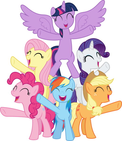 Size: 6400x7422 | Tagged: safe, artist:parclytaxel, derpibooru import, applejack, fluttershy, pinkie pie, rainbow dash, rarity, twilight sparkle, twilight sparkle (alicorn), alicorn, earth pony, pegasus, pony, unicorn, all bottled up, .svg available, absurd resolution, best friends until the end of time, bipedal, cute, dashabetes, diapinkes, eyes closed, female, jackabetes, mane six, mare, open mouth, pony pyramid, raised hoof, raribetes, shyabetes, simple background, smiling, spread wings, standing up, transparent background, twiabetes, vector, wings