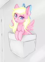 Size: 2000x2712 | Tagged: artist needed, safe, derpibooru import, oc, oc:bay breeze, unofficial characters only, pegasus, pony, bow, female, hair bow, looking at you, pocket, pocket pony, solo