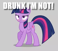 Size: 616x536 | Tagged: safe, derpibooru import, twilight sparkle, twilight sparkle (alicorn), alicorn, pony, blatant lies, blushing, denial, drunk, drunk twilight, gray background, image macro, lies, meme, simple background, solo, yoda