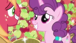 Size: 1280x720 | Tagged: safe, derpibooru import, screencap, big macintosh, sugar belle, pony, hard to say anything, apple, cute, female, food, male, shipping, smiling, sparkles, straight, sugarbetes, sugarmac