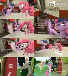 Size: 3840x4320 | Tagged: safe, artist:red4567, derpibooru import, discord, fluttershy, pinkie pie, twilight sparkle, twilight sparkle (alicorn), alicorn, pony, 3d, absurd resolution, comic, dialogue, genetics, hug, paper, printer, source filmmaker, this explains everything