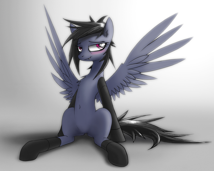 Size: 1981x1580 | Tagged: suggestive, artist:fenixdust, derpibooru import, oc, oc:elixir, unofficial characters only, pegasus, pony, belly button, chest fluff, female, gradient background, leaning back, mare, metal tooth, sitting, smiling, solo, wings