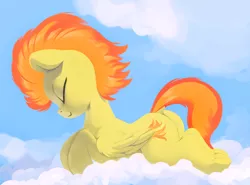 Size: 5000x3692 | Tagged: safe, artist:dimfann, artist:yoditax, derpibooru import, spitfire, pony, absurd resolution, bright, cloud, collaboration, cute, cutefire, dock, eyes closed, female, folded wings, mare, painting, profile, prone, smiling, solo, underhoof
