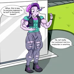 Size: 2048x2048 | Tagged: safe, artist:nokozeze, derpibooru import, starlight glimmer, equestria girls, mirror magic, spoiler:eqg specials, abs, biceps, breasts, clothes, female, implied sunset shimmer, jeans, muscles, offscreen character, pants, portal, ripped jeans, solo, starlight lifter, thunder thighs, torn clothes