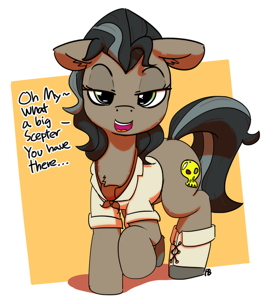 Size: 1280x1427 | Tagged: suggestive, artist:pabbley, derpibooru import, doctor caballeron, earth pony, pony, bedroom eyes, boots, clothes, dialogue, doctor caballerona, female, floppy ears, innuendo, mare, open mouth, raised hoof, rule 63, solo, solo female