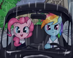 Size: 850x680 | Tagged: safe, artist:ehfkdl569, derpibooru import, pinkie pie, rainbow dash, pony, building, car, clothes, driving, necktie, rain, shirt, smiling, tree