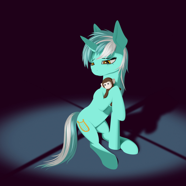 Size: 2400x2400 | Tagged: safe, artist:styroponyworks, derpibooru import, lyra heartstrings, monkey, pony, unicorn, female, mare, plushie, sad, sitting, solo