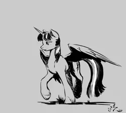 Size: 1000x900 | Tagged: safe, artist:amarynceus, deleted from derpibooru, derpibooru import, twilight sparkle, twilight sparkle (alicorn), alicorn, pony, cloven hooves, female, gray background, mare, monochrome, raised hoof, simple background, sketch, solo, spread wings, unshorn fetlocks, wings