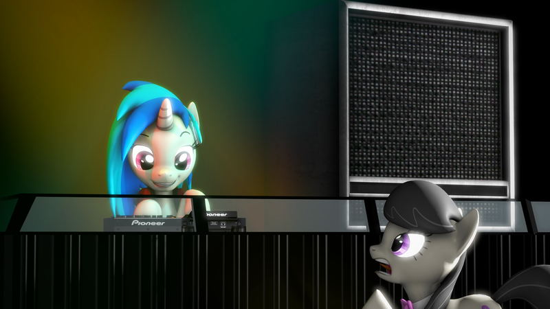 Size: 1920x1080 | Tagged: safe, artist:jaygaming1, deleted from derpibooru, derpibooru import, octavia melody, vinyl scratch, pony, 3d, mixer, screaming, speakers