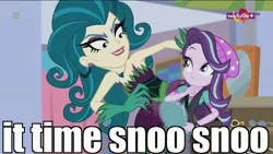 Size: 1920x1080 | Tagged: safe, derpibooru import, edit, edited screencap, screencap, juniper montage, starlight glimmer, equestria girls, mirror magic, spoiler:eqg specials, caption, futurama, giantess, image macro, implied sex, juniper monstar, macro, meme, mirror, misspelling, snu-snu, sunglasses, teletoon, this will end in snu snu