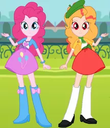 Size: 510x592 | Tagged: safe, derpibooru import, pinkie pie, oc, oc:pizza pie, oc:pizzapone, equestria girls, comparison, equestria girls-ified