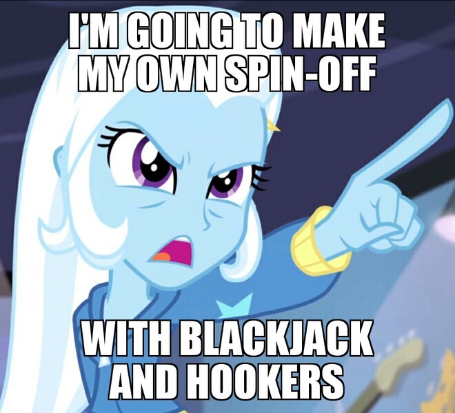 Size: 919x835 | Tagged: safe, derpibooru import, edit, edited screencap, screencap, trixie, equestria girls, guitar centered, rainbow rocks, blackjack and hookers, cropped, futurama, hax, image macro, meme, pointing trixie, solo, the series has landed, trixie yells at everything