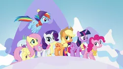 Size: 1920x1080 | Tagged: safe, derpibooru import, screencap, applejack, fluttershy, pinkie pie, rainbow dash, rarity, twilight sparkle, twilight sparkle (alicorn), alicorn, pony, all bottled up, best friends until the end of time, mane six, snow, winter