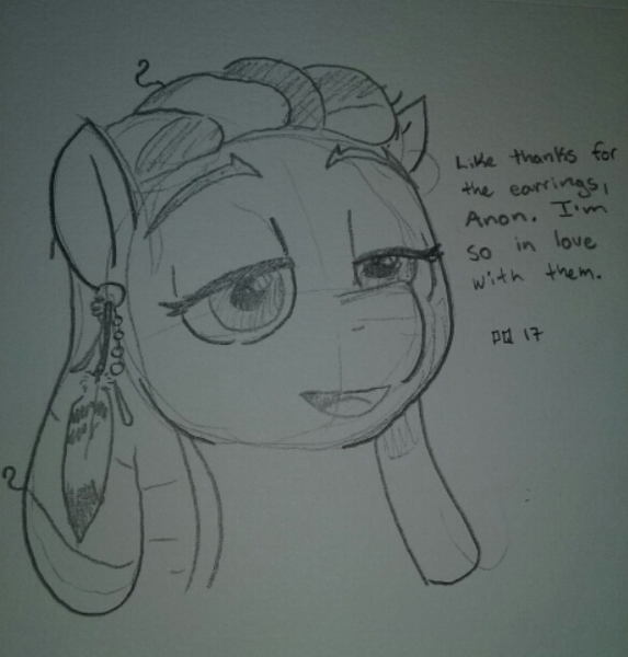 Size: 584x612 | Tagged: safe, artist:pony quarantine, derpibooru import, tree hugger, oc, oc:anon, earth pony, pony, 4chan, bust, dialogue, drawthread, ear piercing, earring, jewelry, lidded eyes, monochrome, piercing, solo, traditional art