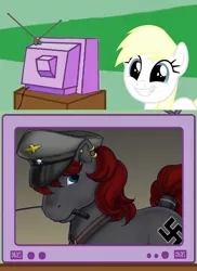 Size: 436x600 | Tagged: safe, artist:hmogburn, derpibooru import, edit, oc, oc:aryanne, unofficial characters only, pony, exploitable meme, g3, happy, krieg, meme, nazi, obligatory pony, swastika, television, tv meme, whip