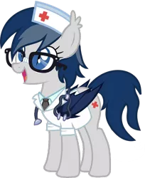 Size: 1280x1569 | Tagged: safe, artist:fletcherthehuntress, derpibooru import, oc, oc:doctor nighthoof, unofficial characters only, bat pony, pony, bat pony oc, clothes, cute, cute little fangs, doctor, fangs, female, glasses, mare, open mouth, red cross, simple background, solo, stethoscope, transparent background, vector