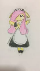 Size: 1080x1920 | Tagged: anthro, artist:creamyfairy, clothes, cute, derpibooru import, fluttermaid, fluttershy, hair over one eye, maid, safe, solo, traditional art