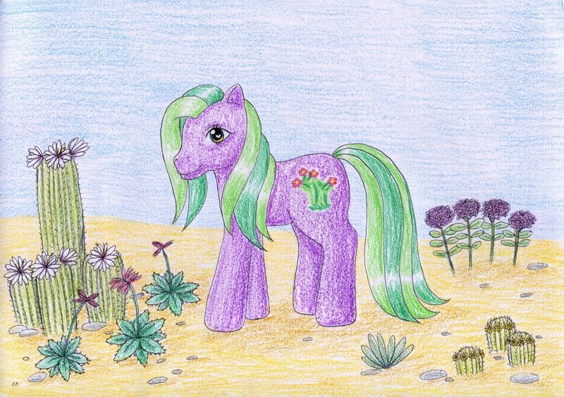 Size: 1024x721 | Tagged: safe, artist:normaleeinsane, derpibooru import, pony, cactus, desert, desert blossom, flower, g3, solo, traditional art