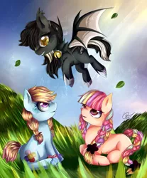 Size: 600x725 | Tagged: safe, artist:konnyart, derpibooru import, oc, unofficial characters only, bat pony, earth pony, pony, braid, colored pupils, commission, female, flying, grass, looking up, mare, multicolored hair, pigtails, prone, sitting, smiling, trio