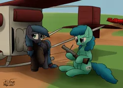 Size: 2269x1637 | Tagged: safe, artist:the-furry-railfan, derpibooru import, oc, oc:linework, oc:night strike, unofficial characters only, pony, aircraft, dirt road, female, flying machine, grass field, grenade launcher, m79, outdoors, plane, sitting, story included, this will end in balloons