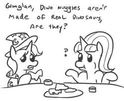 Size: 561x455 | Tagged: safe, artist:jargon scott, derpibooru import, starlight glimmer, trixie, pony, unicorn, black and white, cape, chicken nugget, clothes, dialogue, dino nuggies, eating, food, grayscale, hat, looking at each other, monochrome, question mark, shrug, simple background, trixie's cape, trixie's hat, white background