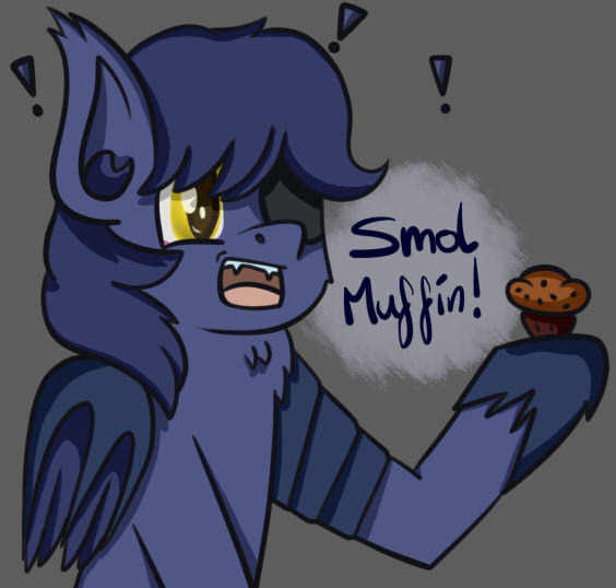 Size: 564x538 | Tagged: safe, artist:fortes-feather, derpibooru import, oc, oc:deadeye, unofficial characters only, bat pony, pony, cute, eyepatch, food, gray background, katakan, muffin, simple background, solo